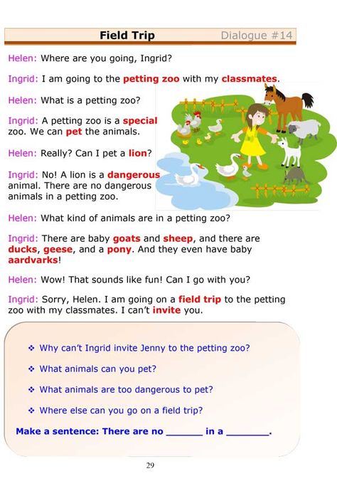 Fun low-intermediate ESL dialogue about a field, featuring discussions questions, a sentence pattern, and a simple grammar worksheet reviewing the present continuous tense.   Download lesson as pdf Dialogue Writing Worksheets, Dialogue Conversation, English Dialogues, Sentence Pattern, English Conversation For Kids, Speaking Activities English, Reading Comprehension For Kids, Present Continuous Tense, Short Conversation