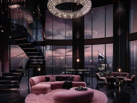 The penthouse living room is a stunning combination of pink and black, creating a trendy and modern space that is both stylish and inviting. The walls... -  ##aiartwork ##digitalart ##digitalartist ##digitalartwork ##interiordesign Pink And Black Living Room, Black Penthouse, Pink Penthouse, Penthouse Living Room, Penthouse Luxury, Jazz Lounge, Penthouse Living, 80s Decor, Silver Floor Lamp