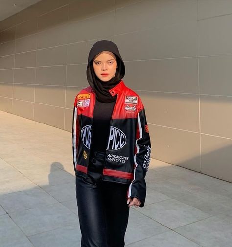 Nascar Jacket Outfit, Ferrari Jacket Outfit, Racer Fashion, Christian Veil, Hijabi Outfits Ideas, F1 Fashion, Dinner Attire, Muslim Outfit, Race Outfit