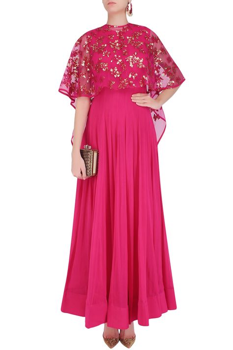 Hot pink anarkali set with hand embroidered asymmetric cape available only at Pernia's Pop Up Shop. Hot Pink Anarkali, 50 Blouse Designs, Cape Dresses, New Dress Collection, Silk Kurti Designs, Pink Anarkali, Desi Dress, Indian Gowns Dresses, Indian Gowns