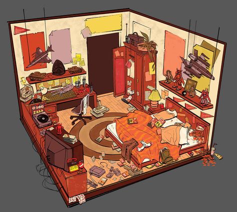 Vincent Ramos Bedroom Art Reference, Bed Concept Art, Comic Bedroom Drawing, Room Interior Illustration, Interior Concept Art Bedroom, Cluttered Bedroom Drawing, Dorm Room Concept Art, Bedroom Concept Art, Cluttered Room Illustration