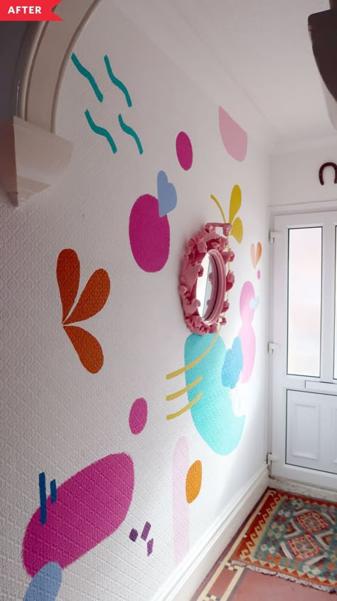 Abstract Wall Mural Diy, Entryway Mural, Wall Murals Painted Diy, Bright House, Mural Diy, White Entryway, Abstract Mural, Bathroom Mural, Dream Cafe