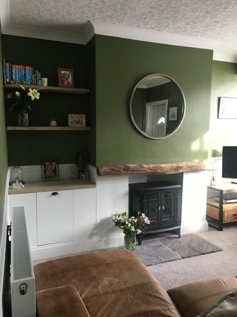 Dark Green Lounge with dado rail and wood Living Rooms With Dado Rails, Room With Dado Rail, Green Painted Lounge, Olive Green And Wood Living Room, Green Wall Green Sofa, Forest Green Lounge, Olive Green Feature Wall Living Rooms, Lounge Wall Colour Ideas, Olive Green Lounge Ideas