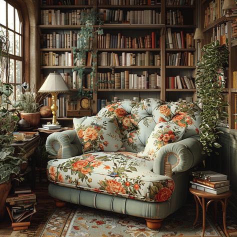 Small Library Sitting Room, English Cottage Library, Home Study Library, Home Library Vintage, Dream Library Cozy Reading Room, Home Library Ideas Cozy, Home Library Design Cozy, Cozy Library Room Ideas, Small Library Ideas