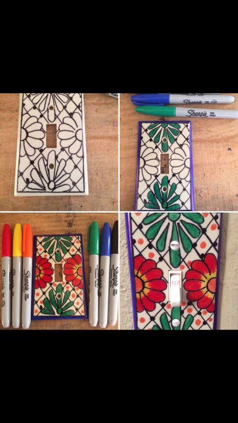 Talavera Light Switch Covers, How To Paint Talavera Style, Painted Switch Plates, Diy Switch Plate Covers, Classroom Decor Diy Ideas, Diy Lightswitch Cover Ideas, Painted Switch Plate Covers, Decorative Switch Plate Covers, Switch Plate Covers Diy