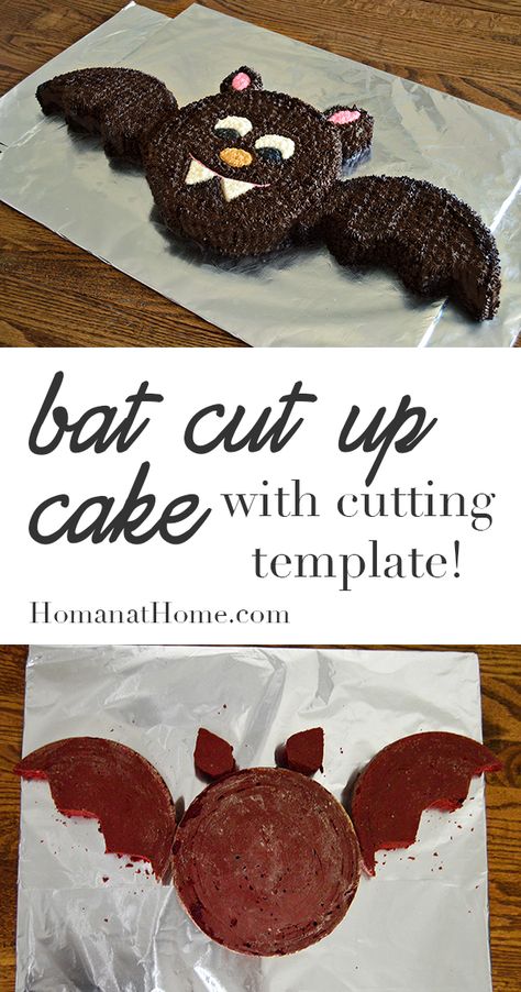 Use two round cakes to make an adorable Halloween bat. Template and instructions for layout included, along with decorating tips. Easy enough for kids! Halloween Bat Template, Napoleon Dessert, Bat Cake, Menu Halloween, Halloween Torte, Bat Template, Dessert Halloween, Cakes To Make, Up Cake