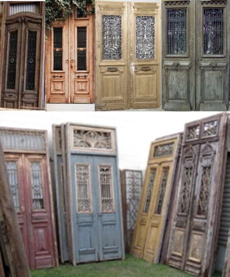 Antique 19th century French colonial entry doors. Upholstered Doors, Sliding Doors Ideas, Colonial Doors, Pergola Area, Salvage Decor, Old French Doors, Medieval Door, Wooden Double Doors, Antique French Doors