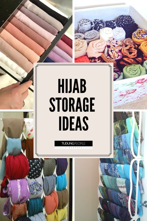 Great ides on how to store and organise your hijab neatly. Many different ways to store your scarfs and these are some of them. Hijab Organizer Storage, Hijab Organization Ideas, Hijab Organization, Boutique Ideas Display, Scarf Display, Pijamas Women, Babymoon Photos, Ideas Decoracion, Boutique Display