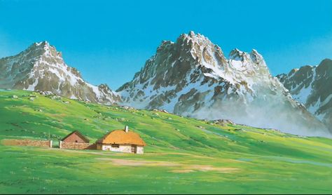 ghibli Background Mountains Drawing, Studio Ghibli Environment, Ghibli Landscape Wallpaper, Ghibli Landscape Scenery, Studio Ghibli Landscape Backgrounds, Ghibli Background Landscapes, Ghibli Scenery Landscapes, Landscape Ghibli, Ghibli Places