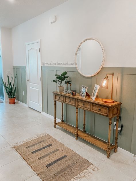 Green Board And Batten Wall Entryway, Bead And Batten Wall Entryway, Board And Batten Entryway With Table, Board And Batten Entryway With Mirror, Light Green Board And Batten Wall, Board And Batten With Mirror, Gallery Wall Board And Batten, Board Batten Hallway, Board And Batten Green Wall