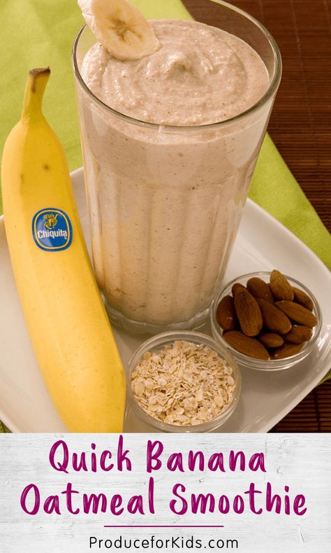 Quick Banana Oatmeal Smoothie - Give your morning a boost with this quick and easy banana oatmeal smoothie recipe! It's packed with almonds, yogurt, oatmeal and bananas to give you the energy to start your day. #produceforkids #smoothie #bananasmoothie Smoothie Recipes Oatmeal, Banana Oatmeal Smoothie, Oatmeal Smoothie Recipes, Resep Diet, Diet Keto, Banana Oatmeal, Easy Smoothies, Diet Vegetarian, Breakfast Smoothies