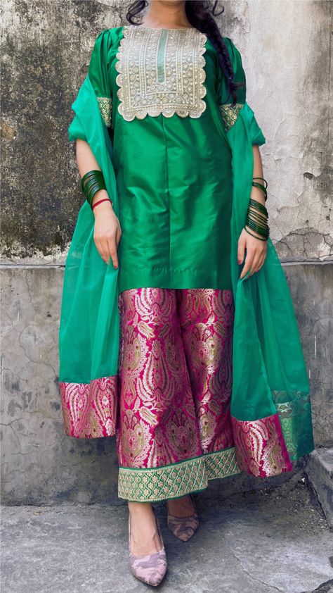 Guldasta Silk Set | Dark Green Silk Suit Design | Pyoor Banarasi Suit Designs Latest, Silk Suit Designs Indian, Silk Suit Design, Green Silk Suit, Dark Green Suit, Saree Reuse, Brocade Suits, Simple Kurtis, Cotton Dress Pattern