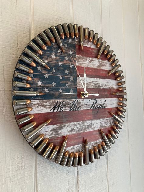 Patriotic we the People Flag Bullet Clock - Etsy Patriotic Man Cave, Patriotic Room Decor, Shop Projects High School, Diy Crafts For Men, We The People Flag, Crafts For Men, American Flag Diy, Diy Wood Pallet Projects, Patriotic Projects