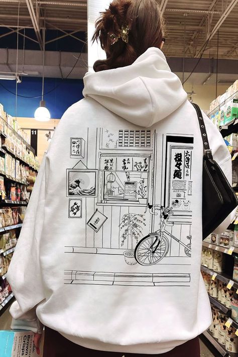 Graphic Design Hoodies Aesthetic, Hoodie Design Graphic, Japanese Hoodie Design, Japanese Clothes Aesthetic, Hoodie Design Ideas Aesthetic, Hoodie Print Design Ideas, Creative Hoodies, Vintage Clothing Aesthetic, Aesthetic Hoodie Design