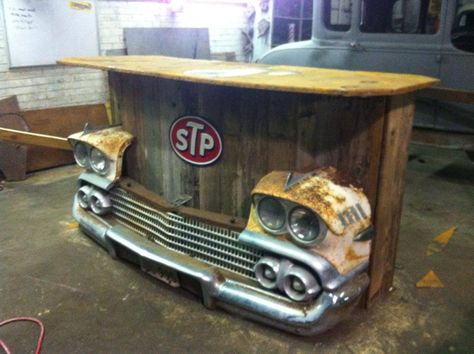 Re-purposed car front end.  Very cool!  Think I'll make one for the patio! Car Bar, Car Part Furniture, Automotive Furniture, Car Furniture, Automotive Decor, Garage Gym, Garage Bar, Man Caves, Man Cave Bar