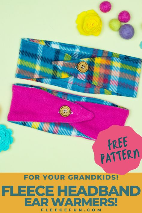 A Fleece Headband Ear Warmer, perfect for fall and winter, made with free pattern and step by step tutorial from fleece fun Ear Warmer Pattern Free, Head Band Pattern, Fleece Sewing Patterns, Fleece Sewing Projects, Ear Warmer Pattern, No Sew Fleece, Fleece Projects, Fleece Beanie, Fleece Headbands