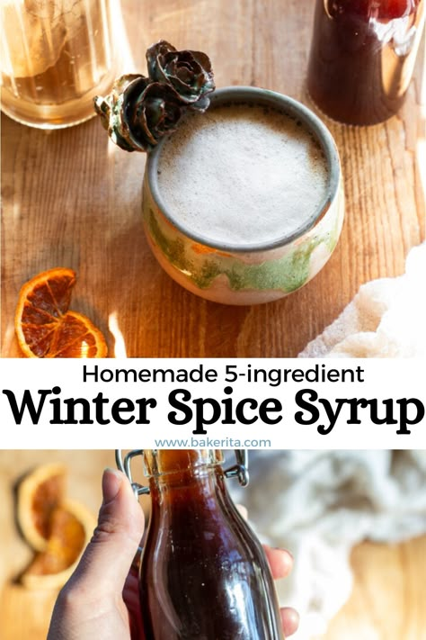 This Homemade Winter Spice Syrup is the perfect way to make spiced lattes at home! This healthier homemade coffee syrup is refined sugar-free, sweetened with maple syrup, and flavored with cinnamon, cloves, and orange. Diy Syrup, Sugar Free Coffee Syrup, Lattes At Home, Homemade Coffee Syrup, Homemade Syrups, Coffee Syrups, Simple Syrups, Vegan Pumpkin Spice, Drink Syrups