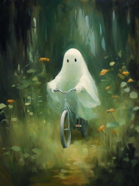 An oil painting of a cute little ghost on a bicycle. Ghost Aesthetic Art, Ghost Art Aesthetic, Halloween Art Wallpaper, Ghost Art Cute, Oddities Art, Cottagecore Artwork, Cute Ghost Art, Elf Halloween, Ghost Artwork