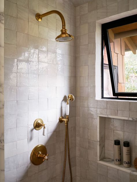 Hotel Vibes at Home: A Serene Primary Bathroom that Goes Beyond a Singular Style | Rue Zellige Tile Bathroom, Hotel Style Bathroom, Bernard Maybeck, Craftsman Bathroom, Serene Bathroom, Primary Bathroom, Shower Niche, Mill Valley, Zellige Tile