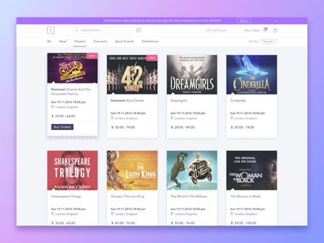 Exploring a concept for a tickets store. There is still many things to add like: advanced search, featured/popular tickets section, 'save for later' function and so on..  What do you think so far? ... Buy Tickets Web Design, Ticket Website Design, Ui Website, Website Business, Purchase Card, Web Ui Design, Event Exhibition, Ui Elements, Chocolate Factory