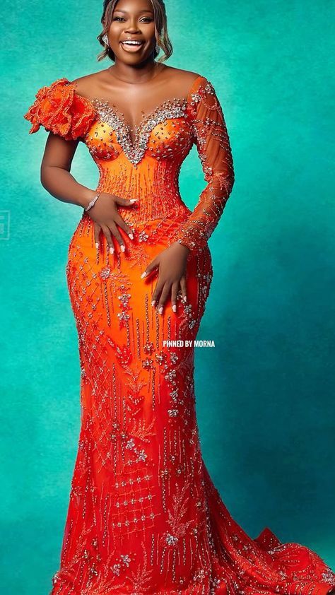 Reception Dress Ghana Bride, Ghana Bride Dresses, Ghana Engagement Dresses, Traditional African Wedding Dress, Kente Styles For Engagement Ghana, Ghana Wedding Dress, Northern Kente, Braids Blonde, Orange Gown