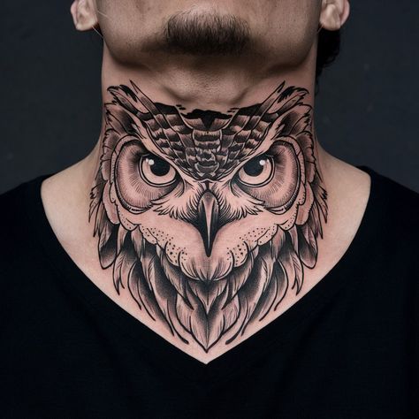 Owl Tattoo For Neck, Owl Back Tattoo Men, Front Of Neck Tattoo Men, Neck Owl Tattoo, လည်ပင်း Tattoo, Best Neck Tattoos Men, Tattoo Neck Ideas, Lion Hand Tattoo Men, Tattoo Neck Men