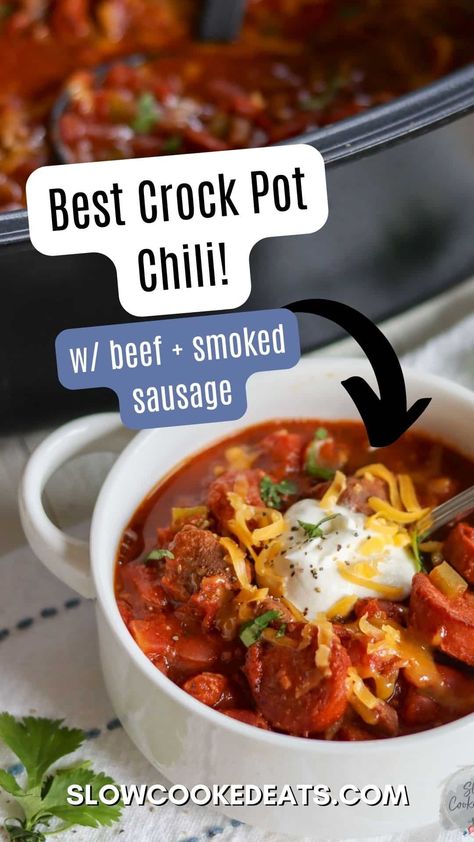 You’ll love this savory, chunky, hearty crock pot chili with beef stew meat and kielbasa. It’s loaded with beans and veggies cooked low and slow all day, resulting in a warm and appetizing chili with the perfect balance of savory, tangy, salty, and spiciness. Chili With Kielbasa, Chili With Smoked Sausage, Chili With Andouille Sausage, Chili With Beef And Sausage, Chili With Sausage And Beef, Spicy Chili Recipe Crockpot, Beef And Sausage Chili Recipe, Kielbasa Chili, Chili With Sausage