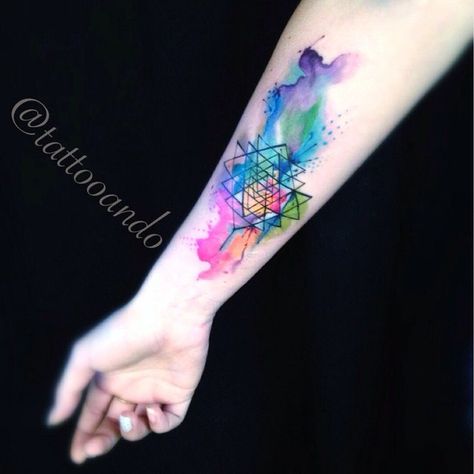 Geometric Watercolor Tattoo, Watercolor Geometric, Tattoo Watercolor, Watercolor Mandala, Rainbow Tattoos, Tattoo Background, New Tattoo Designs, Feather Tattoos, Cover Up Tattoos