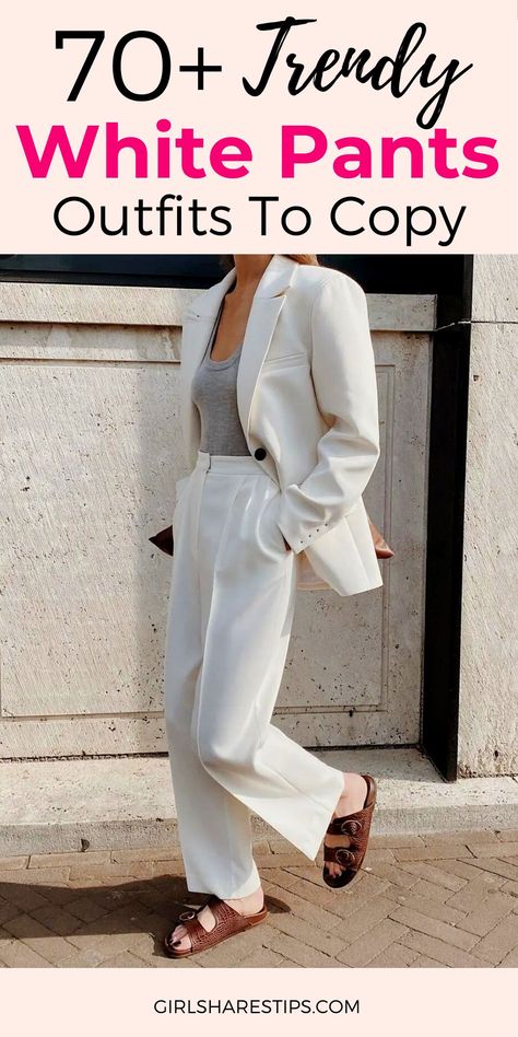 Oyster White Trousers Outfit, Work Outfit White Pants, How To Dress White Pants, White Slacks Outfit Casual, White Lenin Pants Outfit, White Linen Pants Outfit Spring, White Pants Outfit Summer Office Wear, White Effortless Pants Outfit, White Linen Pants Outfit Work