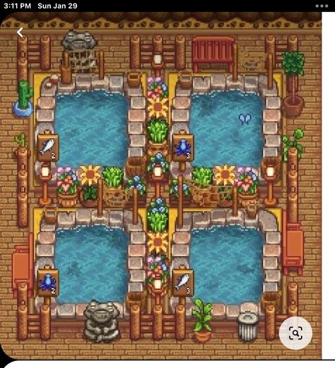 Stardew Valley Traveling Cart Design, Stardew Valley Shifting, Stardew Valley Fish Pond Layout, Sdv Beehive Layout, Sdv Farm Ideas, Stardew Mushroom Cave Design, Fish Pond Stardew Valley, Stardew Valley Cave Layout, Stardew Valley Junimo Hut Layout