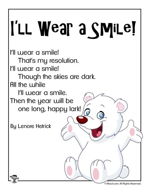 I'll Wear a Smile Short New Years Poem | Woo! Jr. Kids Activities Easy Poems For Kids, New Years Poem, Simple Poems For Kids, Easy Poems, Happy New Year Poem, Rhyming Poems For Kids, Poems For Students, New Year Poem, Preschool Poems