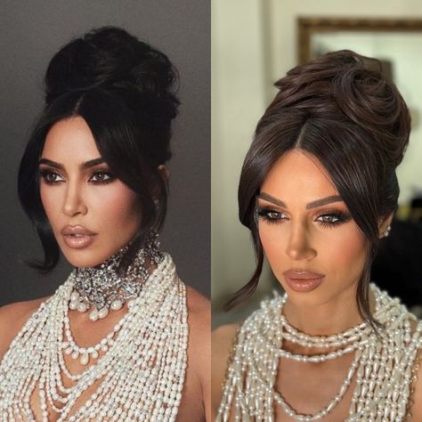 Kim Kardashian Hairstyles Bun, Wedding Top Knot Hair, Big Bun Updo, Side Part Bridal Updo, Kim K Barbie Updo, Hollywood Glamour Hair Updo, Up Dos For Medium Hair With Bangs, Barbie Updo Hairstyle, Hollywood Hair Updo