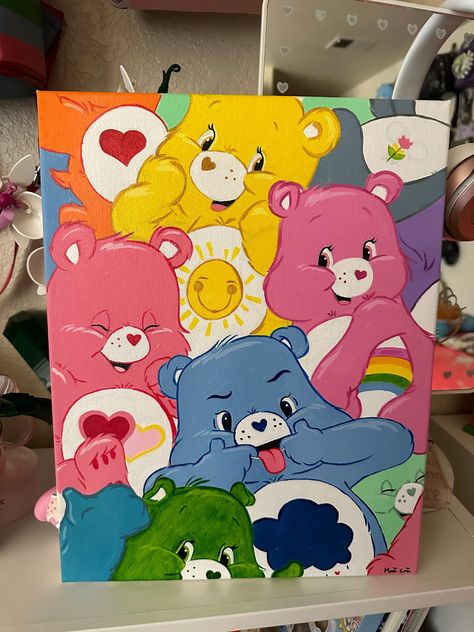 Things To Paint Other Than Canvas, Canvas Painting For Newborn, Grumpy Bear Painting, Cartoon Character Canvas Painting, Painted Canvas Wall Art, Art On A Canvas, Easy Painting Ideas On Canvas Disney, Care Bear Painting Canvas, Care Bear Canvas Painting