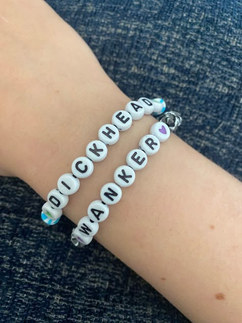 Funny Clay Bead Bracelet, Inappropriate Bracelet, Funny Matching Bracelets, Bead Bracelets With Words, Beaded Bracelets Funny, Funny Things To Put On Bracelets, Unhinged Friendship Bracelets, Funny Beaded Bracelets, Funny Beaded Bracelets Words