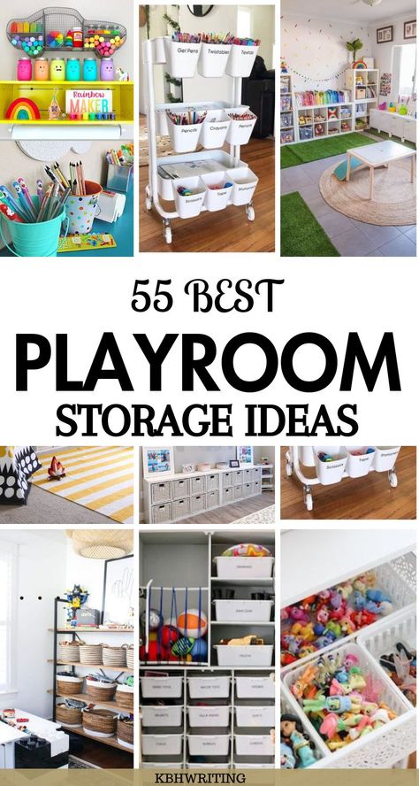 55 Best Playroom Storage & Organization Ideas Easy Playroom Organization, Finished Basement Toy Storage, Art Area In Playroom, Kids Playroom Wall Storage, Shelving For Playroom, Play Area Storage Ideas, Cricut Playroom Ideas, Playroom Storage Shelves, Girls Playroom Organization