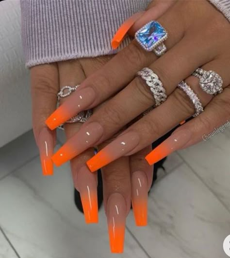 Nails And Rings, Orange Acrylic Nails, Orange Nail Designs, Orange Nail, Long Nail Designs, Dope Nail Designs, Long Acrylic Nails Coffin, Unique Acrylic Nails, Acrylic Nails Coffin Short