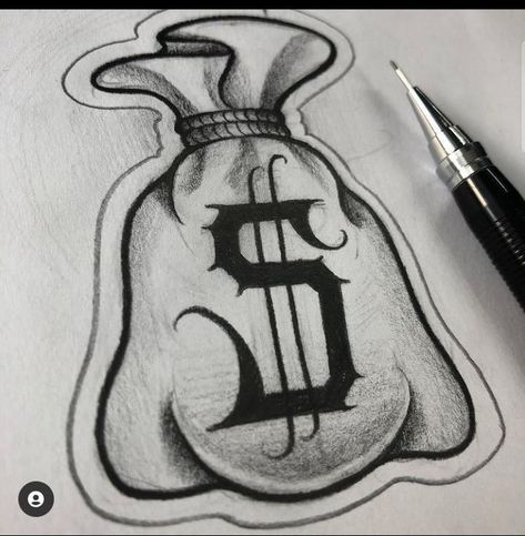 Bags Of Money Drawing, Graffiti Money Art, Money Bags Drawings, Money Inspired Tattoos, Chicano Art Tattoos Gangsters, Money Sign Drawing, Loyalty Drawing, Chino Drawing, Chicano Tattoo Flash