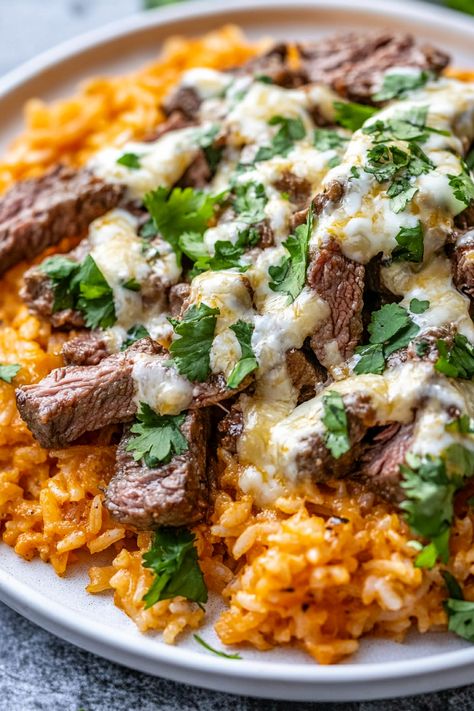 Mexican Steak And Rice Recipes, Steak And Queso Rice, Steak Cheese And Rice, Steak Bowls With Rice, Steak And Rice Recipes Dinners, Rice And Steak Recipes, Mexican Steak And Rice, Steak Rice Bowl Recipes, Steak And Rice Bowl