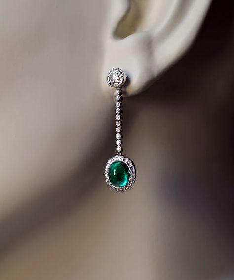 Art Deco Vintage Cabochon Emerald Diamond Earrings - Antique Jewelry | Vintage Rings | Faberge Eggs Emerald Diamond Earrings, Oval Stud Earrings, Platinum Earrings, Earrings Art, Deco Vintage, Handmade Beaded Jewelry, Emerald Earrings, Deco Jewelry, Art Deco Diamond