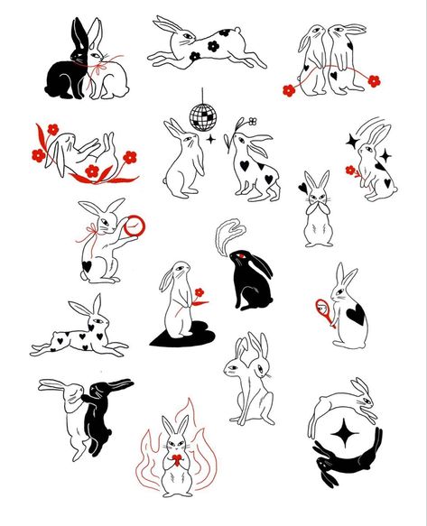 Aesthetic Rabbit Tattoo, Rabbit Yin Yang, Folk Art Rabbit Tattoo, Black And White Bunny Tattoo, Japanese Rabbit Tattoo Design, Bunny Side Profile Drawing, Scary Rabbit Tattoo, Rabbit Heart Tattoo, Edgy Cat Tattoo