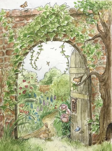 Fairy Garden Illustration, Fairy Garden Drawing, Cosy Garden, Secret Garden Book, Animal Reference, Storybook Art, Garden Illustration, Watercolor Architecture, Garden Drawing