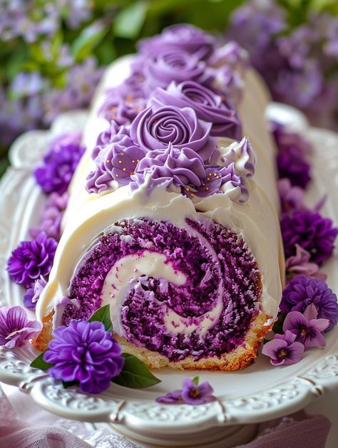 Purple Velvet Cake Roll: A Stunning and Delicious Treat - Famousbio Ube Roll Cake, Purple Food Ideas Snacks, Dark Purple Cake, Chocolate Cake Bars Recipe, Ube Roll, Purple Velvet Cake, Purple Velvet Cakes, Violet Cake, Triple Layer Chocolate Cake