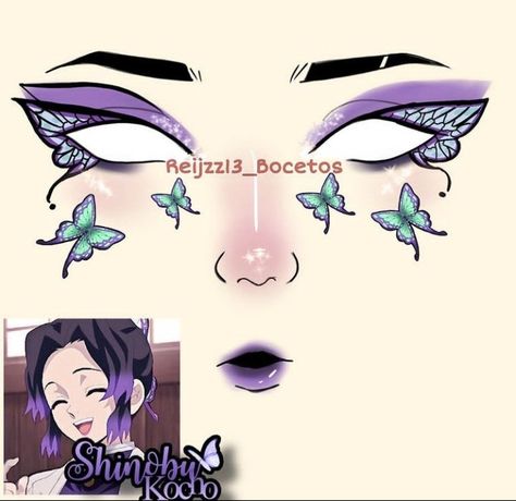 Shinobu Makeup, Disney Eye Makeup, Pop Makeup, Makeup Charts, Anime Eye Makeup, Anime Cosplay Makeup, Makeup Drawing, Anime Makeup, Makeup Face Charts