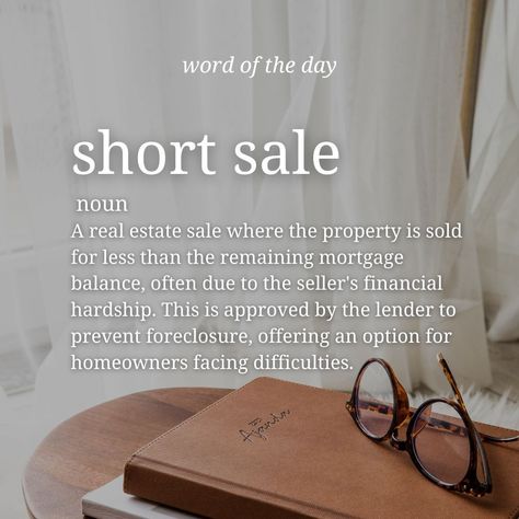 Expand your real estate vocabulary! 📚 Today’s word is ‘short sale.’ 🏠💡 Have you encountered or learned about short sales in the market? Share your insights or questions below! 👇 #RealEstateWord #ShortSale #PropertyInsights #RealEstateKnowledge Contact me today! 469-510-5182 shikilia@sheaassets.com www.SheaAssets.com Real Estate Vocabulary, Business Vision Board, Business Vision, Andy Williams, Real Estate Sales, Word Of The Day, Share Market, Home Buying, A Good Man