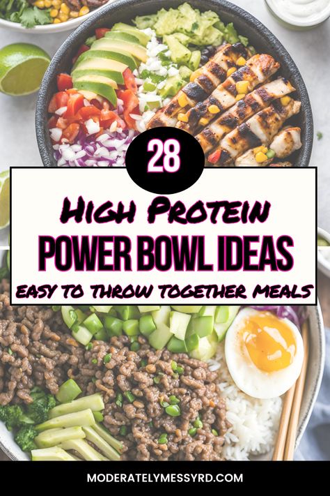 Learning the art of throwing together an easy power bowl that prioritizes protein can be a game-changer for busy nights! This post discusses how to do just that with 28 high protein bowl ideas that can be easily customized to your own preferences and lifestyle. Pair with ancient grains instead of rice and it's an easy way to increase overall fiber intake as well! Protein Packed Rice Bowl, Power Grain Bowls, Power Salad Bowl, Meal In A Bowl Recipes, Simple Grain Bowl, Cooking Light Power Bowls, Easy Power Bowl Recipe, Rice Power Bowls, Homemade Rice Bowls