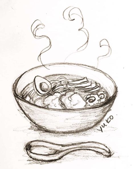 Yuko Jones - Daily 10-minute sketch Day 9: Ramen. 🍜 😋 Three things you can tell from this drawing: I was hungry, I didn’t sharpen the pencil (too lazy), I didn’t use an eraser (I ran out & need to go buy one). Fun fact: I don’t use drawing pencils. Instead I just grab whatever I can find in the kitchen drawer and sketch (today I used my kids’ sponge bob pencil). You don’t need fancy art supplies to create for sure. #studioyukojones #pencildrawing #ramen #hungry . #sketch #kidlitart #illustrato Sketch Food Drawing, Food Pencil Sketch, Food Drawings Pencil, Cute Food Sketches, Japanese Food Sketch, Object Sketches Pencil Drawings, Food Drawing Sketches Pencil, Cute Kitchen Drawing, Comic Drawing Sketches