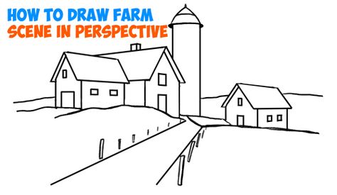 Today I will show you how to draw a really cool farm scene made from using perspective drawing techniques. It is the easiest way to draw buildings that look realistic and 3-dimensional. This fall / spring scene is really easy to draw and I'll show you how to draw it right now in simple steps. Farm Drawings Easy, How To Draw A Farmhouse Step By Step, Farmhouse Drawing, How To Draw Buildings Perspective, Farm Drawing Easy, Farm Perspective Drawing, 2 Point Perspective Drawing Houses, Farm Drawing, Farm Scene Drawing