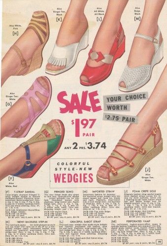 1955 Sandals- Diverse styles on Wedge Soles mid 50s red white tan pink sling back buckle crayola colors wedgies shoes casual low heel slip ons 1930s Sandals, 1950s Sandals, 50s Sandals, 40s Shoes, 1940s Shoes, Fashion 1940s, Vintage Sandals, Saddle Shoes, Look Retro