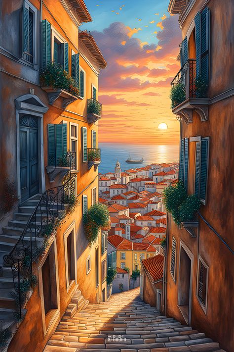 Embark on a journey through enchanting coastal cities, where narrow streets unveil breathtaking views of the sea during the most incredible sunsets. Immerse yourself in the charm of these urban landscapes. Coastal City Fantasy Art, City Scape Painting, Scenic Pictures, Coastal City, Sunset City, Urban Landscapes, Coastal Cities, Fantasy City, Sunset Views