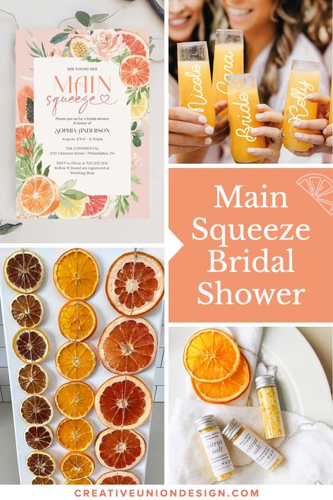 Fruit Wedding Shower Ideas, Citrus Hens Theme, Dried Fruit Bridal Shower Theme, Grapefruit Bridal Shower Theme, Citrus Tea Party, Main Squeeze Bridal Shower Citrus, Bridal Shower Ideas Citrus, Main Squeeze Backdrop, Bridal Shower Themes Summer 2024